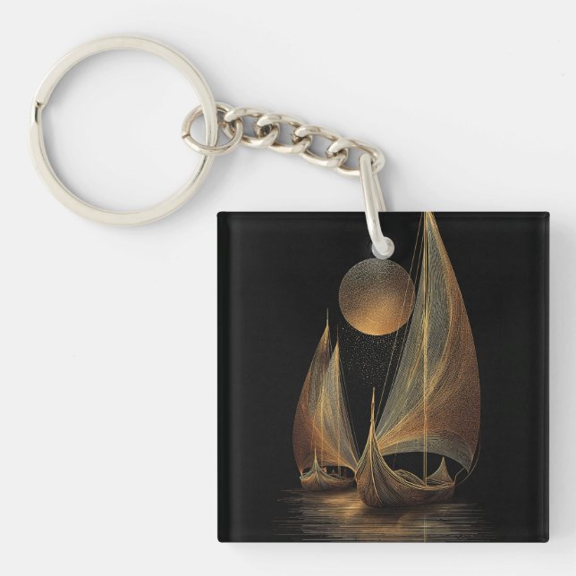 Elegant Gold Line Art Illustration of Longships Keychain (Front)