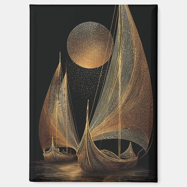 Elegant Gold Line Art Illustration of Longships Magnet (Front)