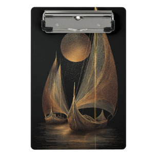 Elegant Gold Line Art Illustration of Longships Mini Clipboard