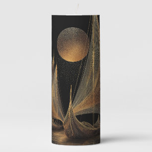 Elegant Gold Line Art Illustration of Longships Pillar Candle