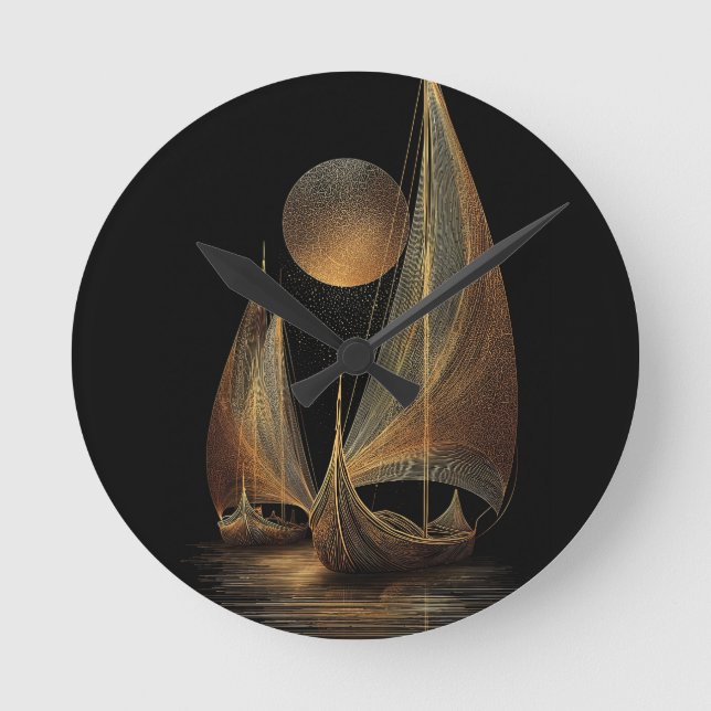 Elegant Gold Line Art Illustration of Longships Round Clock (Front)
