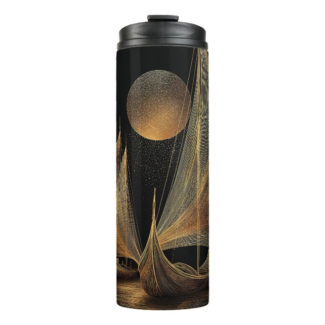 Elegant Gold Line Art Illustration of Longships Thermal Tumbler (Front)
