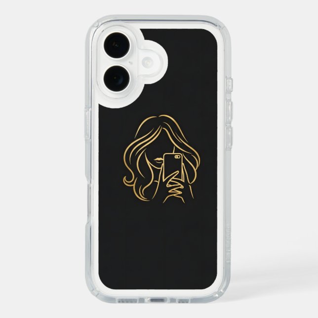 Elegant Gold Line Art Selfie Girl iPhone 16 Case (Front)