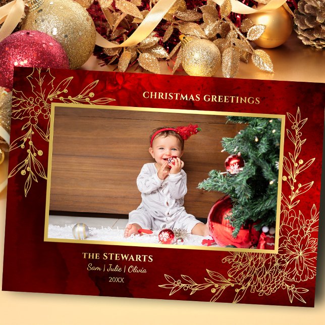 Elegant Gold Line Drawn Christmas Botanical Photo Foil Holiday Card (Creator Uploaded)