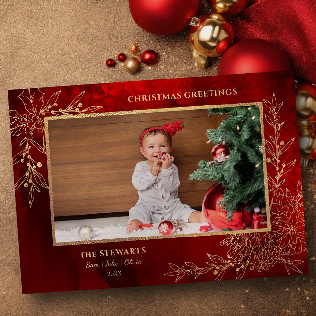 Elegant Gold Line Drawn Christmas Botanical Photo Holiday Card (Creator Uploaded)