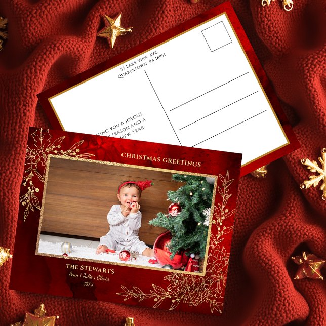 Elegant Gold Line Drawn Christmas Botanical Photo Holiday Postcard (Creator Uploaded)