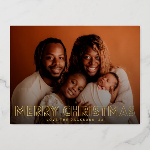 Elegant GOLD LINES Merry Christmas Family Photo Foil Holiday Postcard