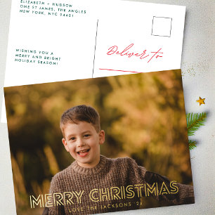 Elegant GOLD LINES Merry Christmas Family Photo Foil Holiday Postcard