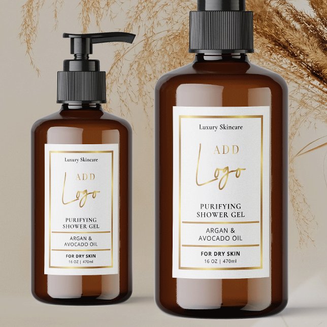 Elegant Gold Logo 8 to 16 OZ Cosmetic Bottle Label (Elegant white and faux gold cosmetic bottle waterproof label with you custom text and logo)