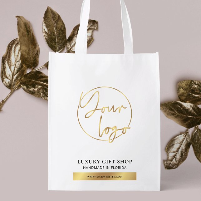 Elegant Gold Logo Business Boutique Branded Grocery Bag (Elegant white and gold effects business logo branded grocery bag)