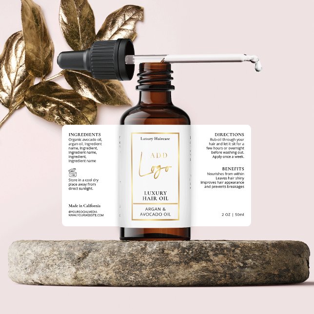 Elegant Gold Logo Hair Serum Dropper Bottle Label (Elevate your cosmetic bottles with this elegant white & gold wrapper label design)