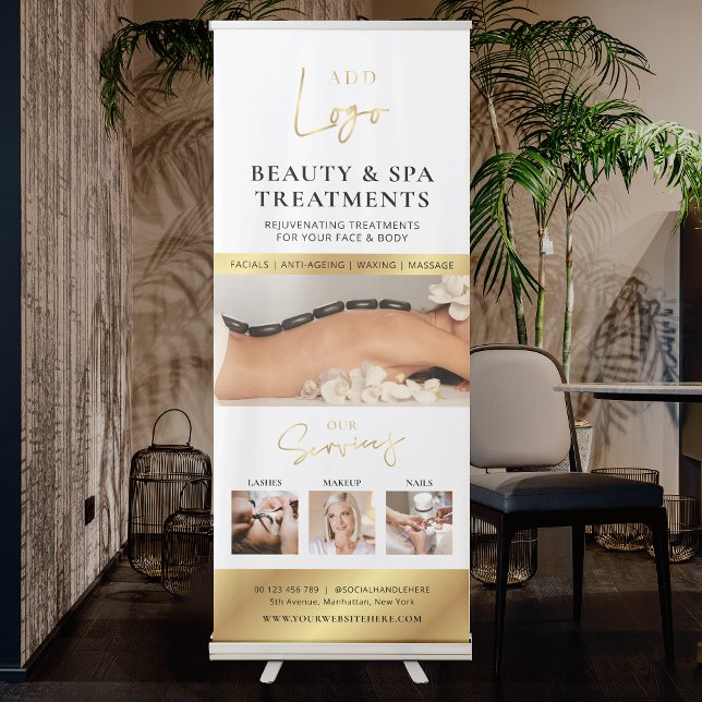 Elegant Gold Logo Photo Collage Spa Salon Services Retractable Banner (Gold design photo collage beauty salon or spa marketing pull up sign with space for your logo)