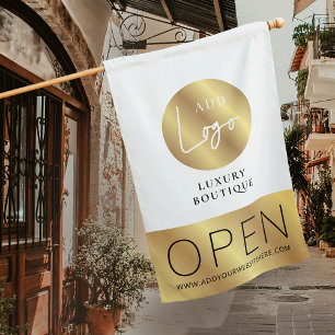 Elegant Gold Logo We Are Open Hair Salon Shop Flag