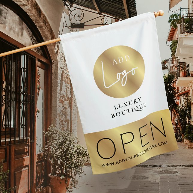 Elegant Gold Logo We Are Open Hair Salon Shop Flag (Elegant white and faux gold effect we are open outdoor flag with space for your logo and website)