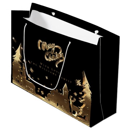 Elegant Gold Look Merry Christmas Village Large Gift Bag