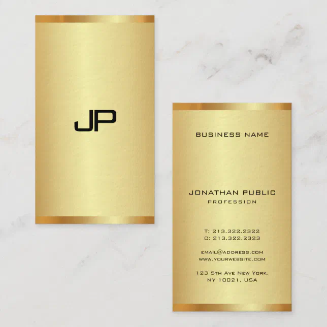 Elegant Gold Look Modern Vertical Monogram Business Card | Zazzle