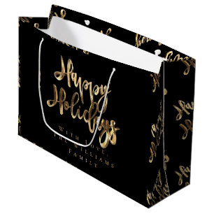 Elegant Gold Look Script Black Happy Holidays Large Gift Bag
