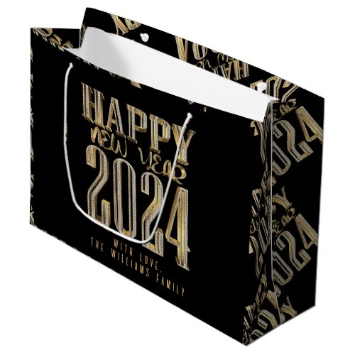 Elegant Gold Look Script Black Happy New Year 2024 Large Gift Bag