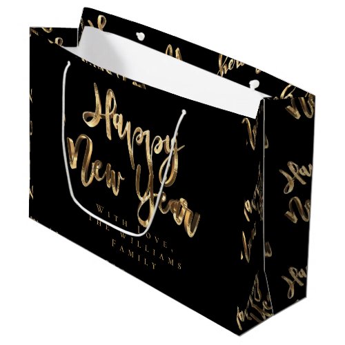 Elegant Gold Look Script Black Happy New Year Large Gift Bag