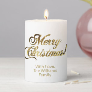 Elegant Gold Look Script Merry Christmas Pillar Candle