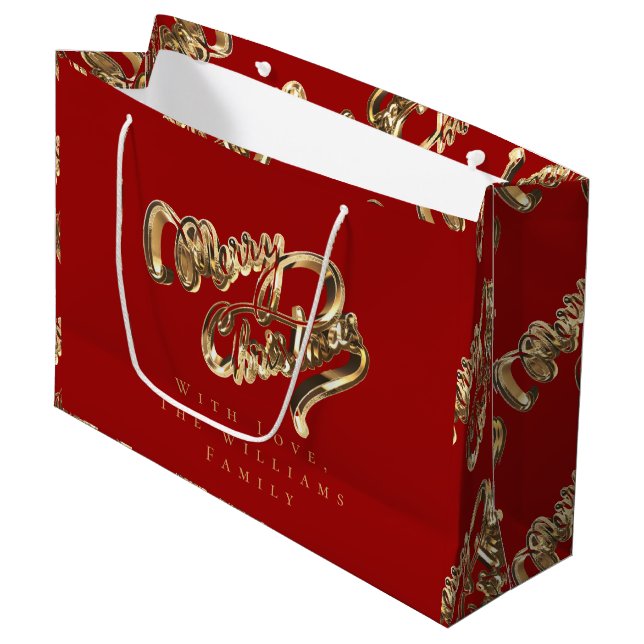Elegant Gold Look Script Merry Christmas Red Large Gift Bag (Front Angled)