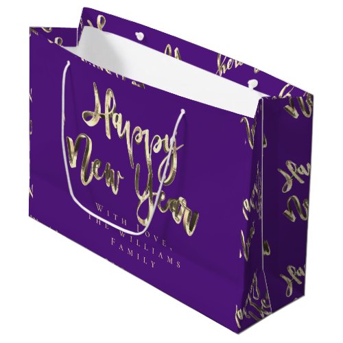 Elegant Gold Look Script Purple Happy New Year Large Gift Bag