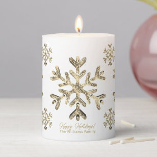 Elegant Gold Look Snowflakes Christmas Pillar Candle