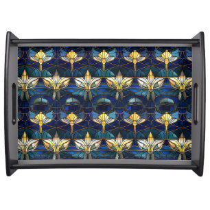 Elegant Gold Lotus Faux Stained Glass Pattern Serving Tray