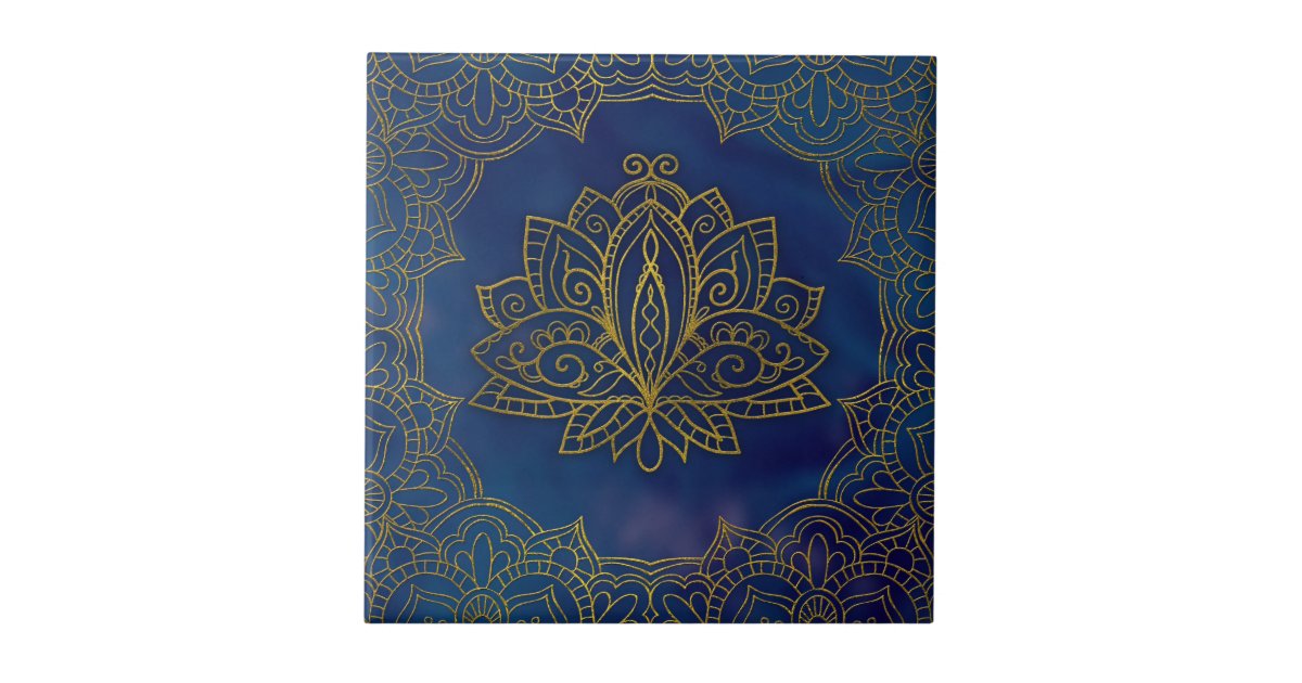 Elegant Gold Lotus flower on blue Ceramic Tile | Zazzle