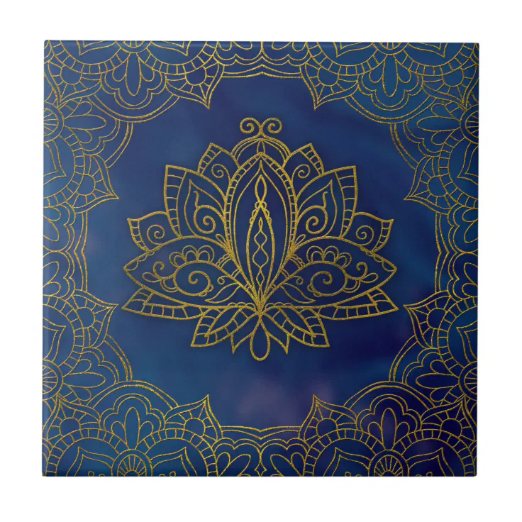 Elegant Gold Lotus flower on blue Ceramic Tile | Zazzle