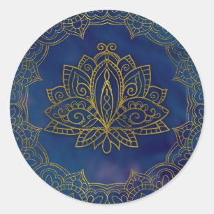 Elegant  Gold Lotus flower on blue Classic Round Sticker