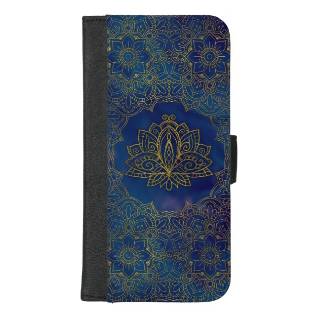 Elegant  Gold Lotus flower on blue iPhone Wallet Case (Front)