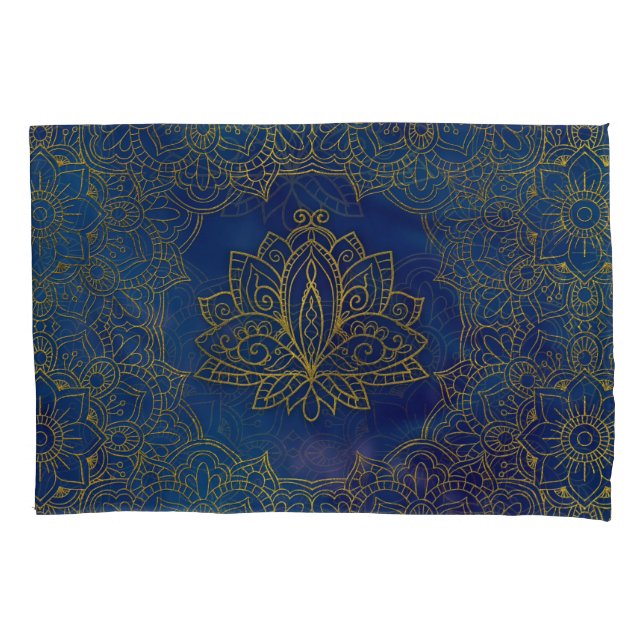 Elegant  Gold Lotus flower on blue Pillow Case (Front)