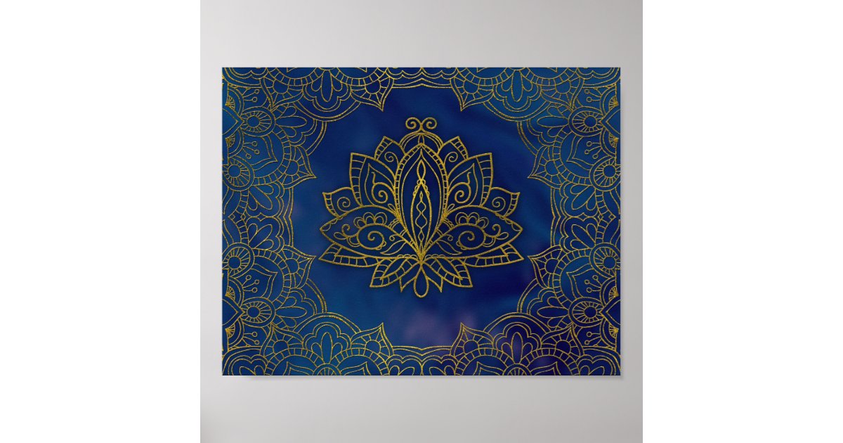 Elegant Gold Lotus flower on blue Poster | Zazzle
