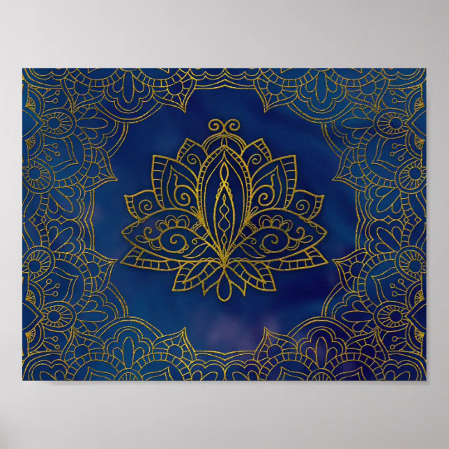 Elegant Gold Lotus flower on blue Poster | Zazzle