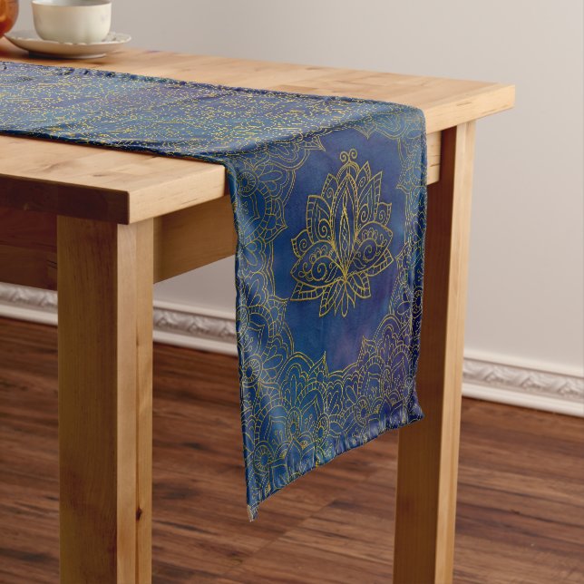 Elegant  Gold Lotus flower on blue Short Table Runner (In Situ)