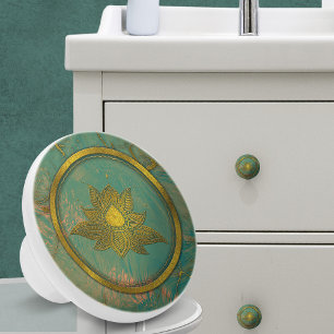 Elegant Gold Lotus flower on marble Ceramic Knob