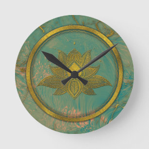Elegant  Gold Lotus flower on marble Round Clock