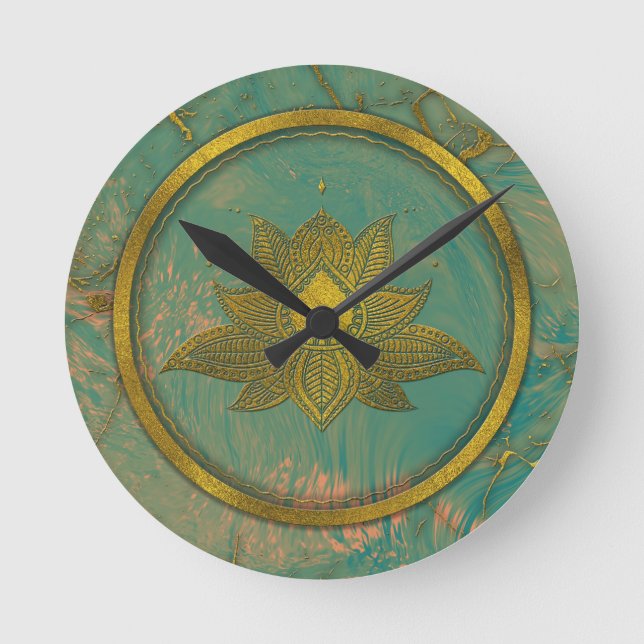 Elegant  Gold Lotus flower on marble Round Clock (Front)