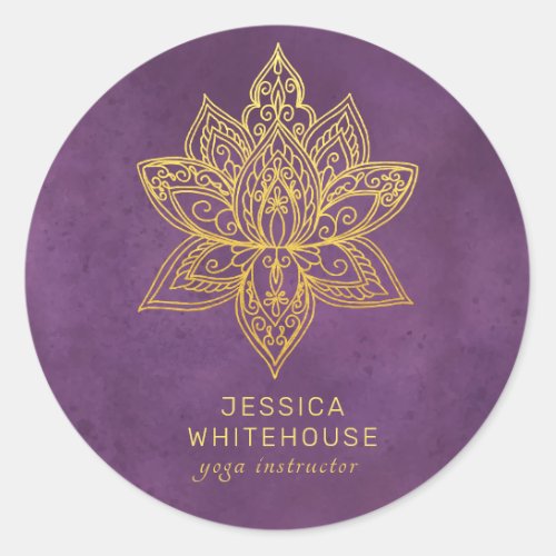Elegant Gold Lotus Flower Purple Classic Round Sticker