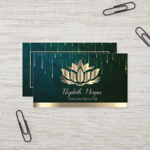 Elegant Gold Lotus Gold Stripe Drips Yoga Green  Business Card