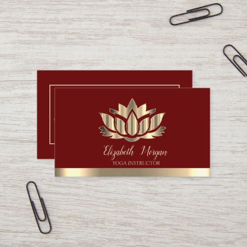 Elegant Gold Lotus Gold Stripe Yoga Burgundy Business Card