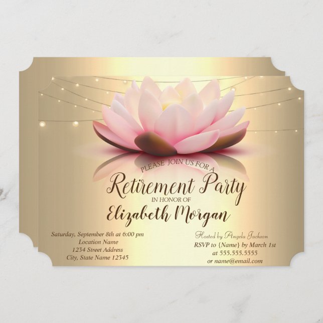 Elegant Gold Lotus String Lights  Retirement Party Invitation (Front/Back)