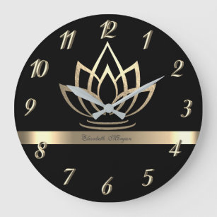 Elegant Gold Lotus, Yoga Black Large Clock