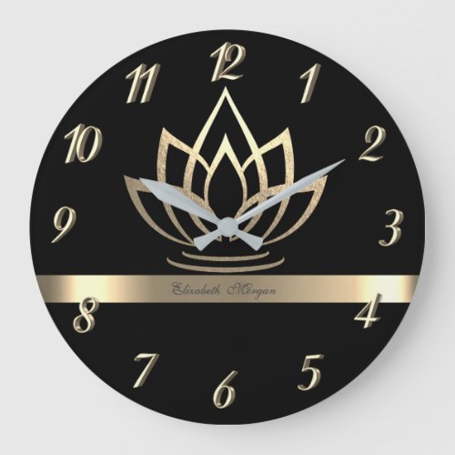 Elegant Gold Lotus Yoga Black Large Clock