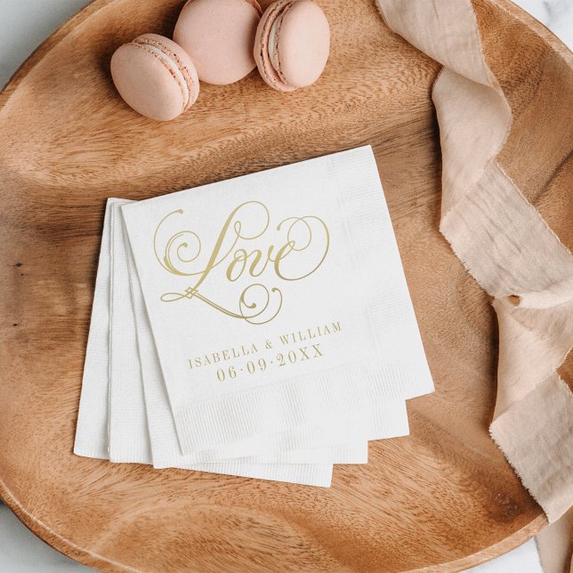 Elegant Gold Love Calligraphy Wedding Paper Napkins (Creator Uploaded)