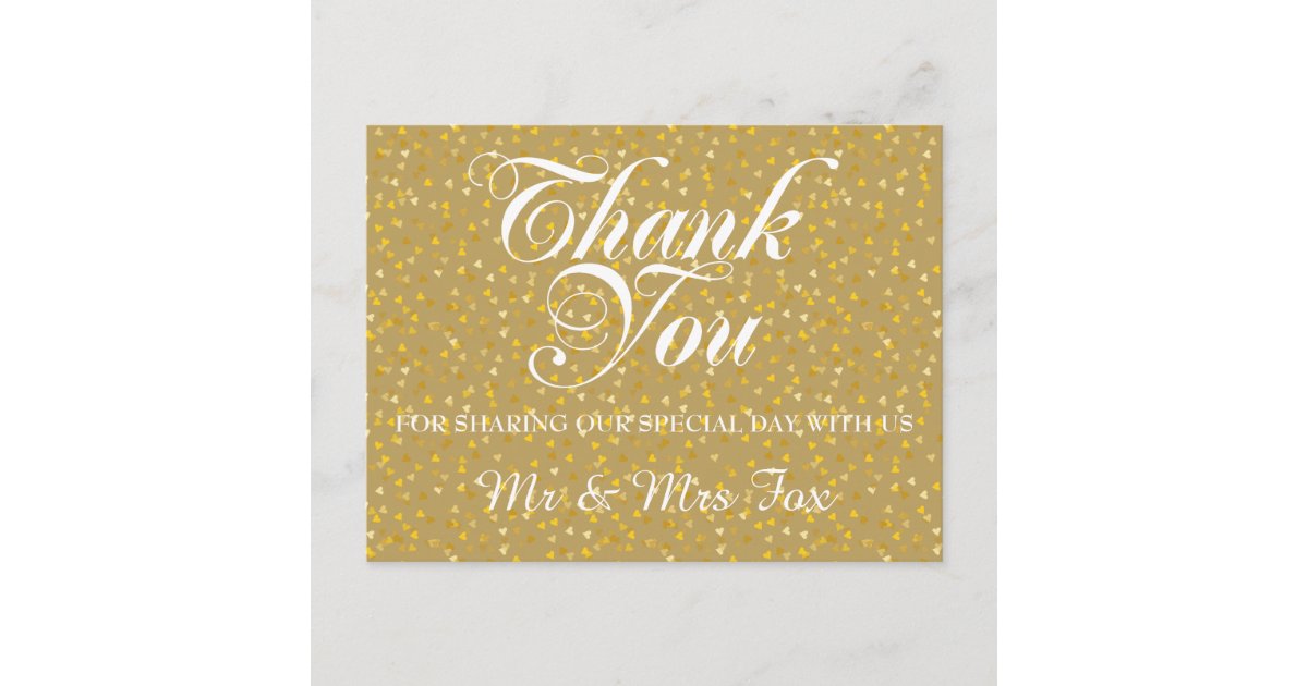 Elegant Gold Love Hearts Confetti Thank You Postcard | Zazzle
