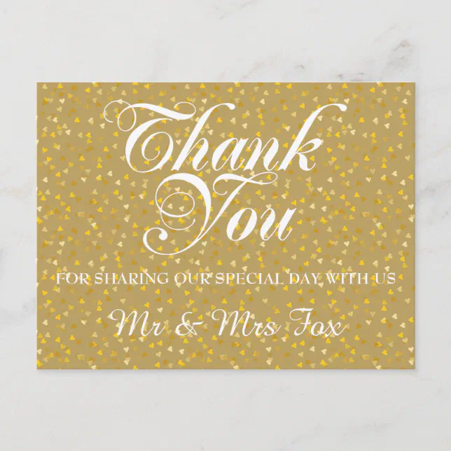 Elegant Gold Love Hearts Confetti Thank You Postcard | Zazzle