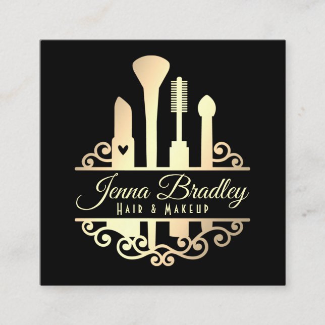 Elegant Gold Makeup Tools Beauty Industry Square Business Card (Front)