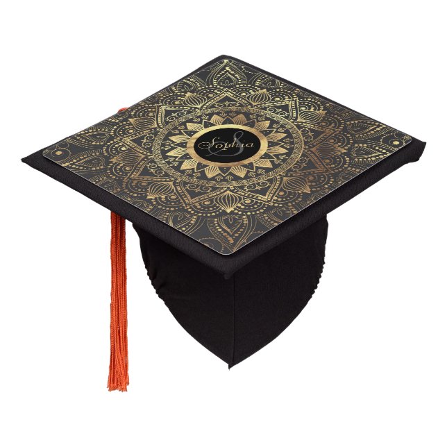 Elegant gold mandala artwork graduation cap topper (Angled)